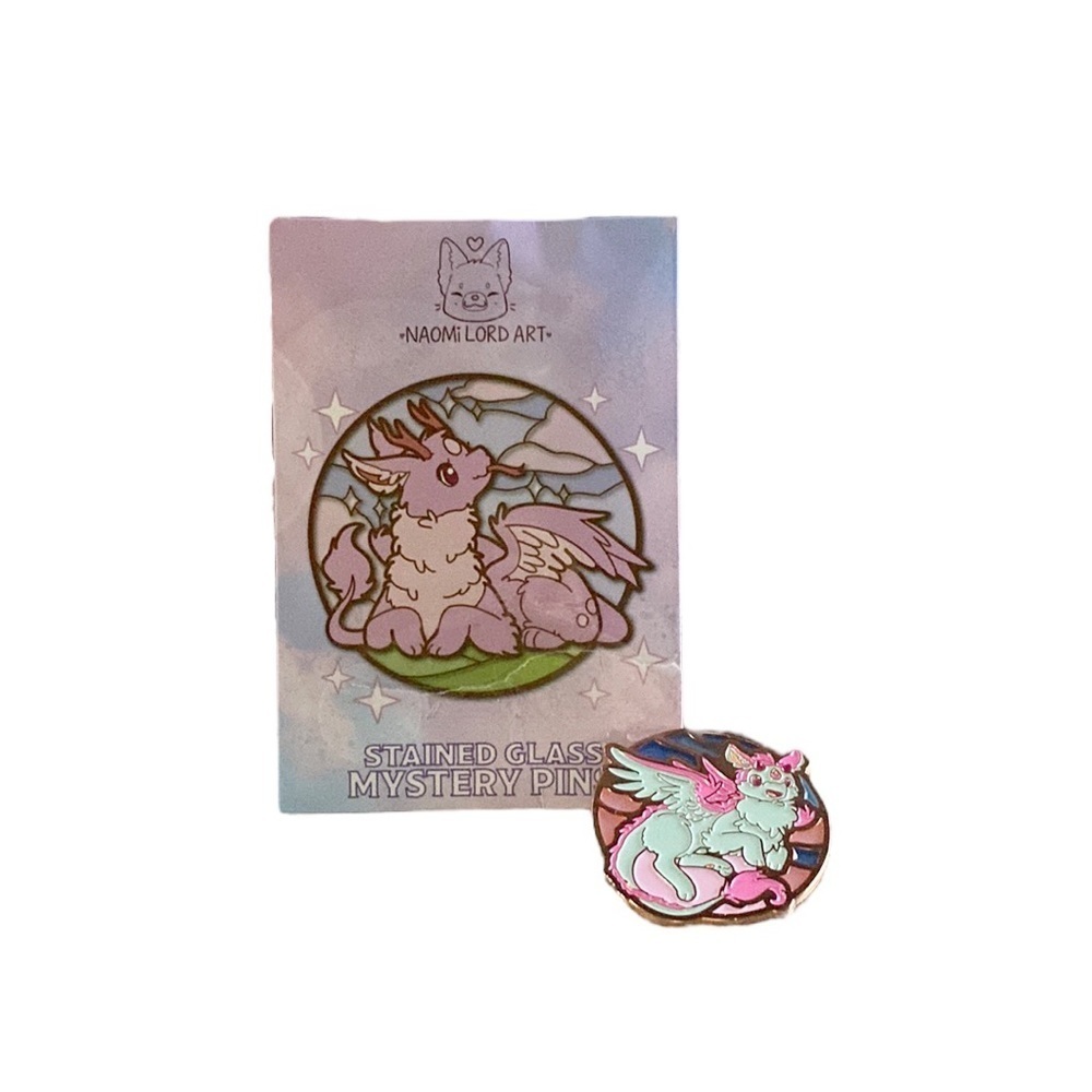Stained Glass Dragons (Teal and Pink Dragon) Enamel Pin by Naomi Lord Art